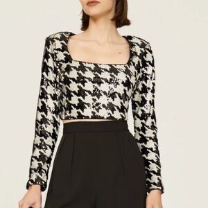 ZARA Black White Sequin Houndstooth Crop Top Size XS